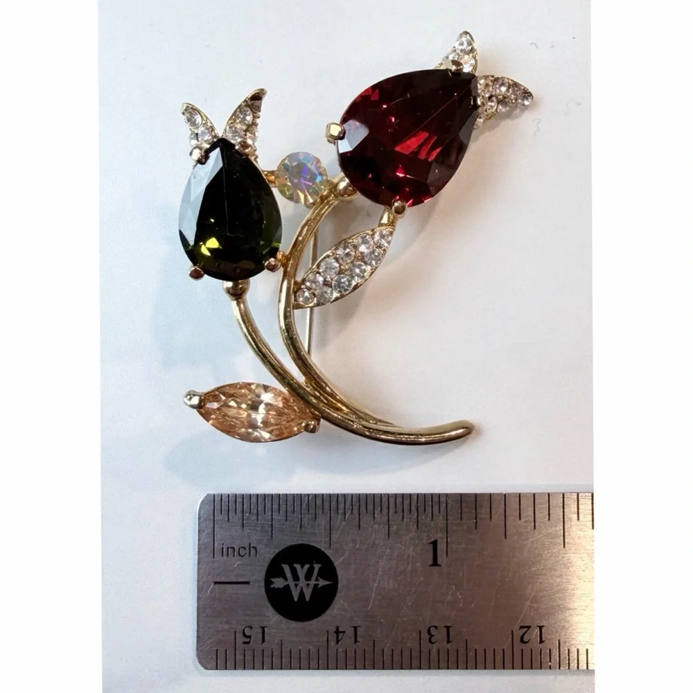 (VTG) Red/Green Rhinestone Gold-Tone Floral Brooch - Picture 10 of 13